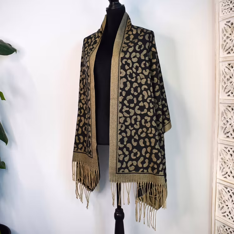 Halsduk med fransar Glitter Leo SVART/GULD