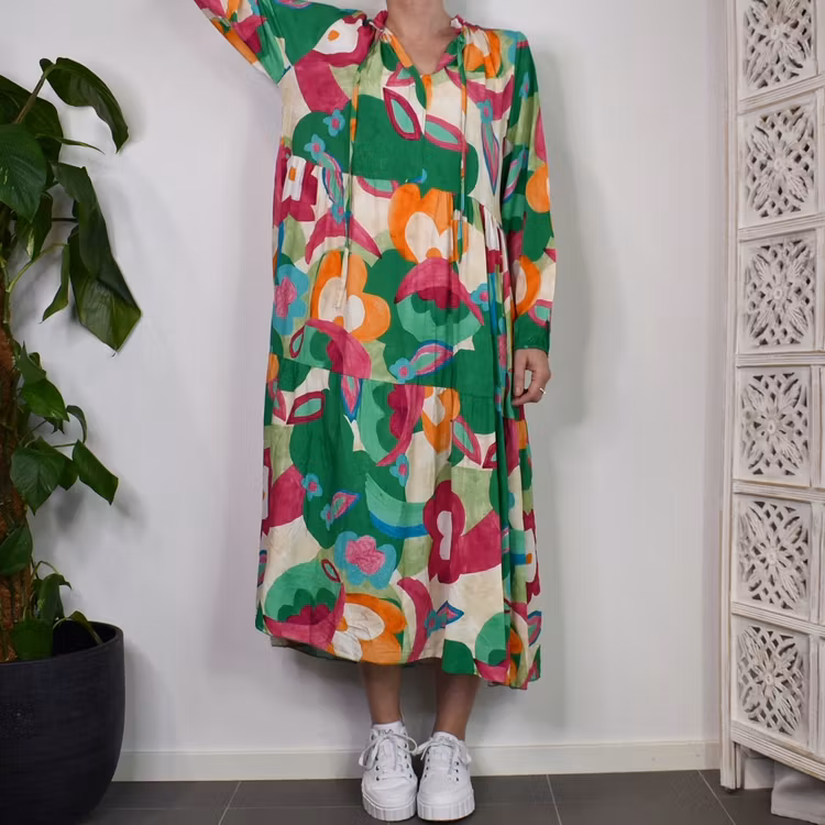 Klänning Storblommig MÖRK GRÖN