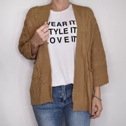 Kort Kabelstickad Cardigan CAMEL