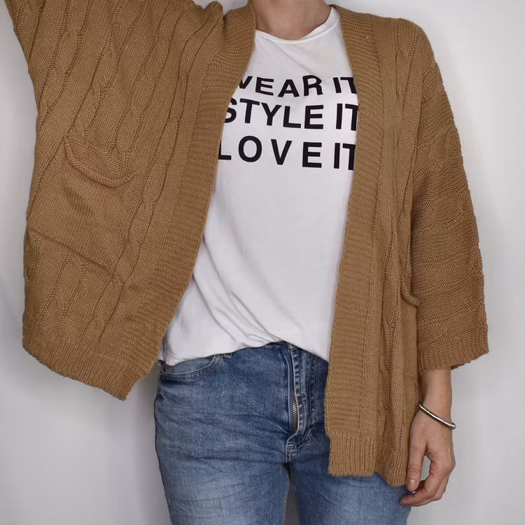 Kort Kabelstickad Cardigan CAMEL