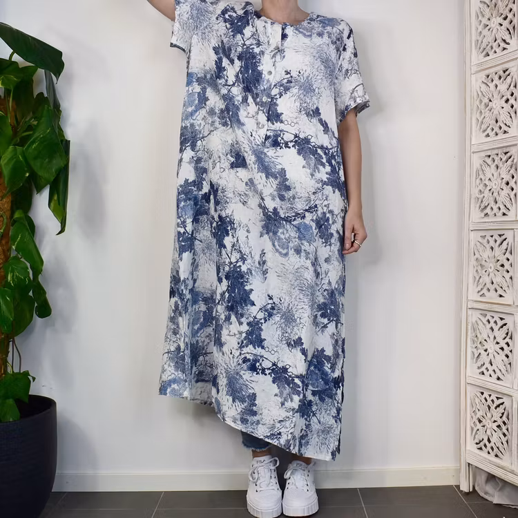 Linneklänning Maria VIT/BLÅ - Stajl Agenturer