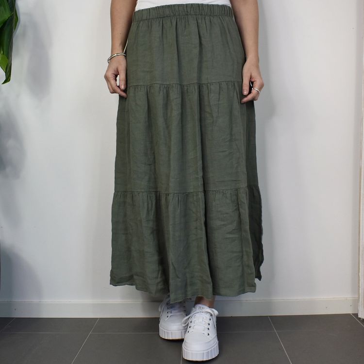 Linnekjol med volanger KAKI