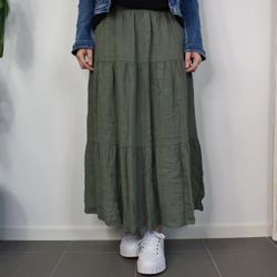 Linnekjol med volanger KAKI