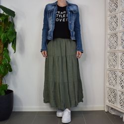 Linnekjol med volanger KAKI