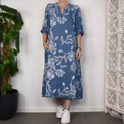 Linneklänning med spets Mönstrad JEANSBLÅ