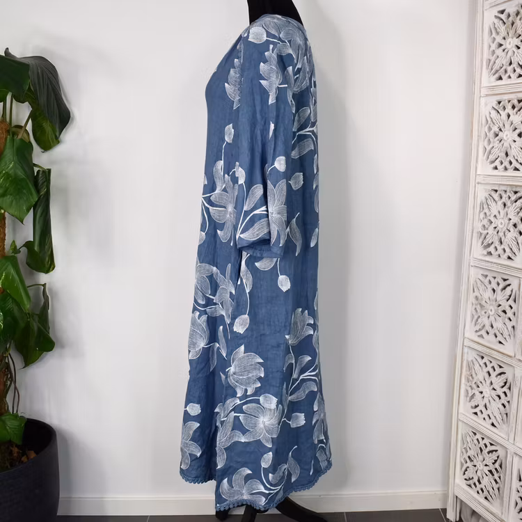 Linneklänning med spets Mönstrad JEANSBLÅ