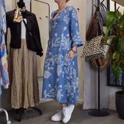 Linneklänning med spets Mönstrad JEANSBLÅ