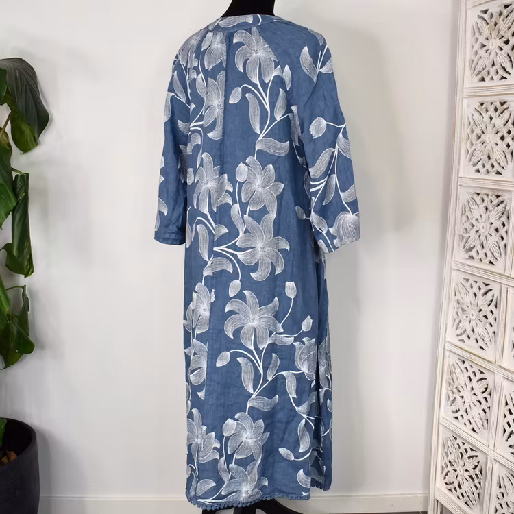 Linneklänning med spets Mönstrad JEANSBLÅ