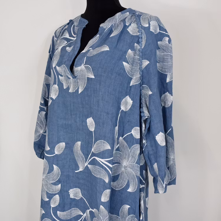 Linneklänning med spets Mönstrad JEANSBLÅ