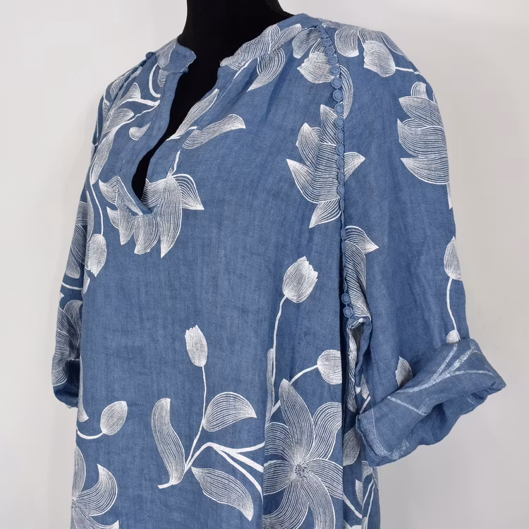 Linneklänning med spets Mönstrad JEANSBLÅ