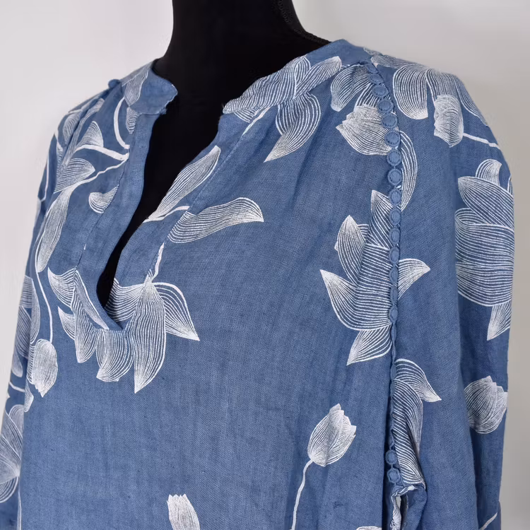 Linneklänning med spets Mönstrad JEANSBLÅ