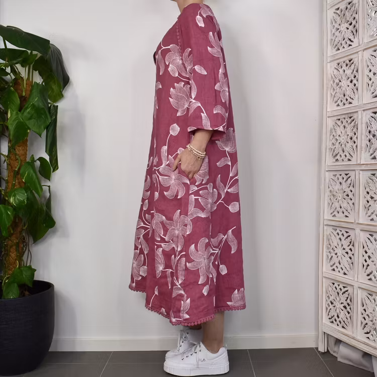 Linneklänning med spets Mönstrad FUSCHIA