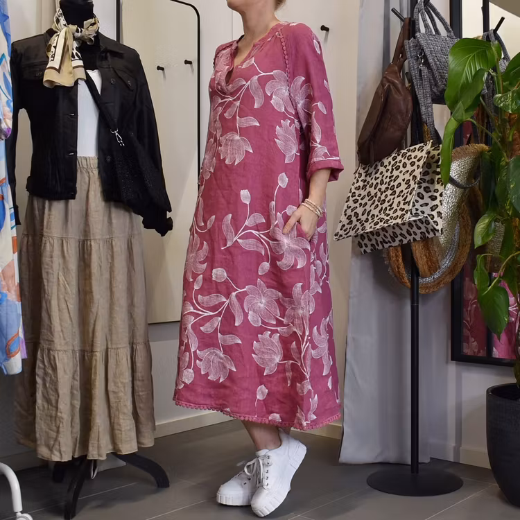 Linneklänning med spets Mönstrad FUSCHIA