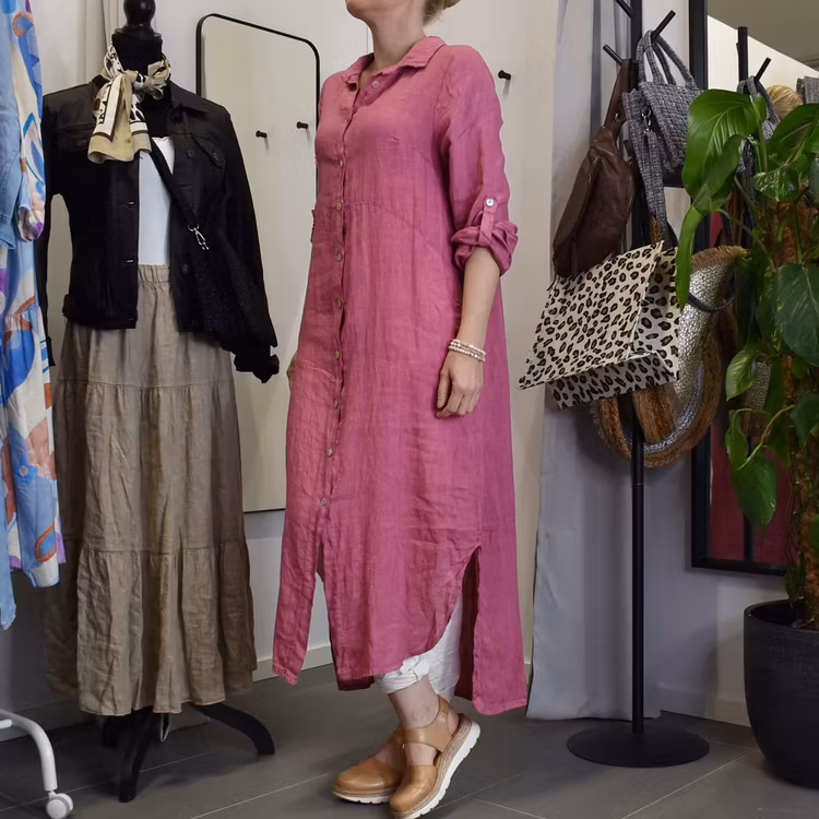 Lång skjortklänning i linne FUSCHIA