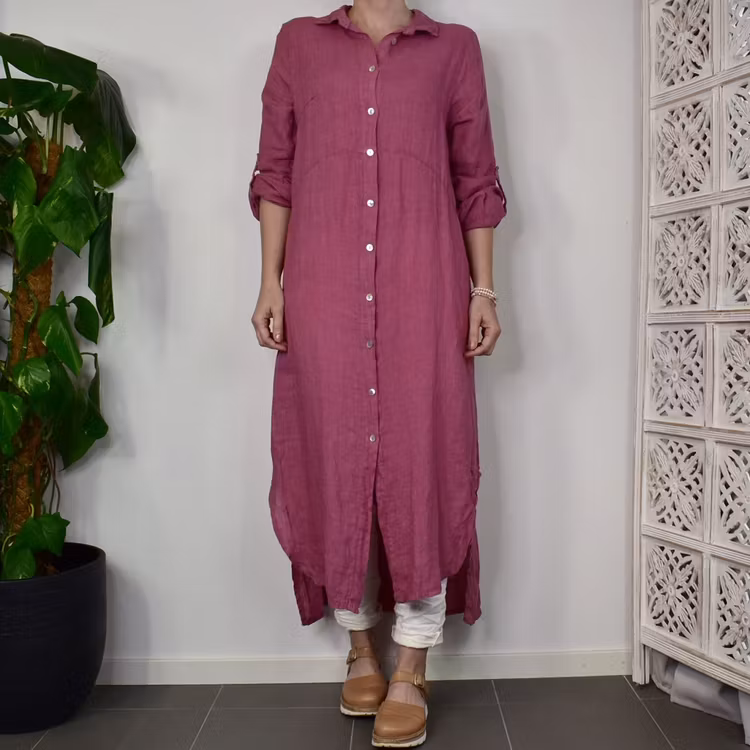 Lång skjortklänning i linne FUSCHIA