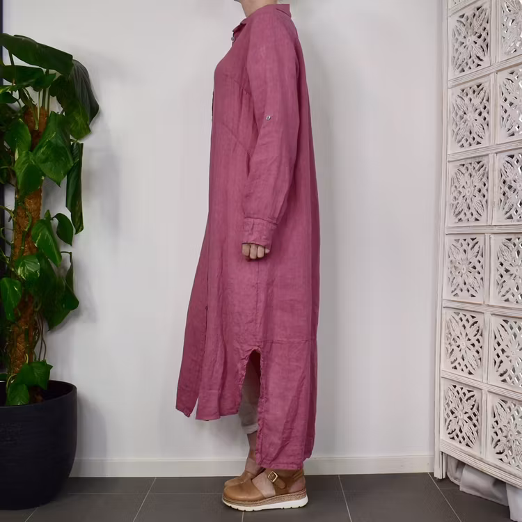 Lång skjortklänning i linne FUSCHIA
