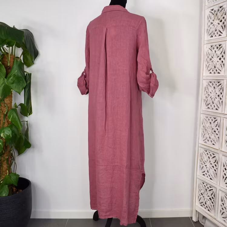 Lång skjortklänning i linne FUSCHIA