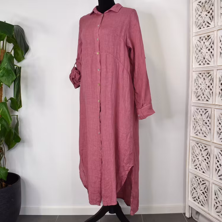 Lång skjortklänning i linne FUSCHIA
