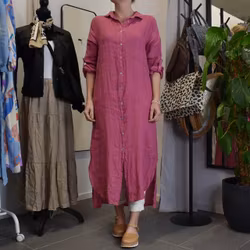 Lång skjortklänning i linne FUSCHIA
