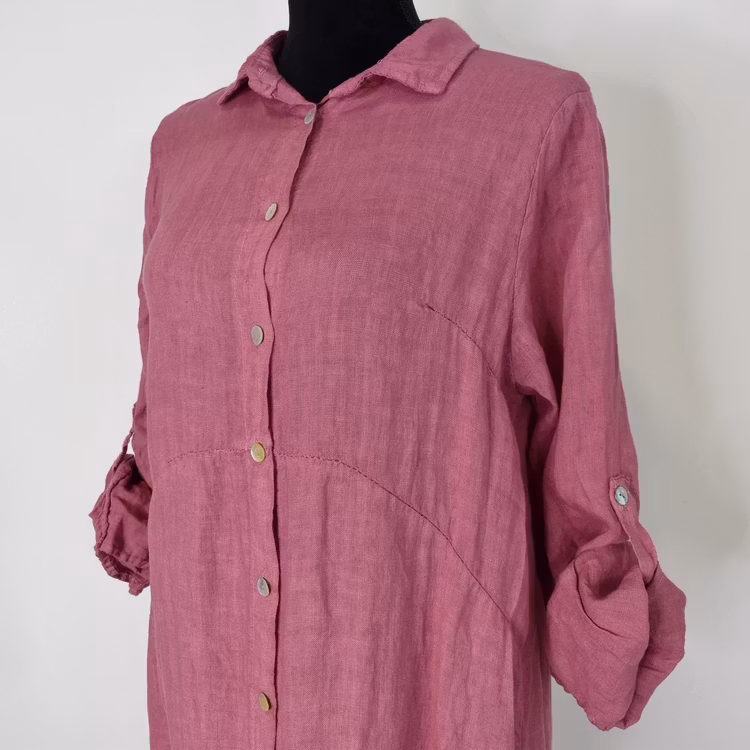 Lång skjortklänning i linne FUSCHIA