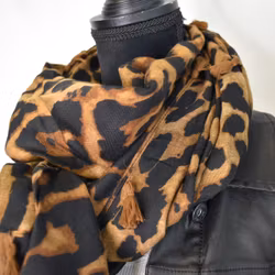 Sjal med Tofsar Leopard SVART/CAMEL