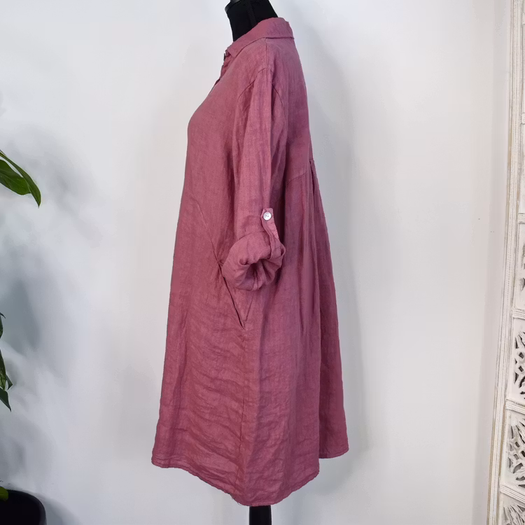 Kort skjortklänning i linne FUSCHIA