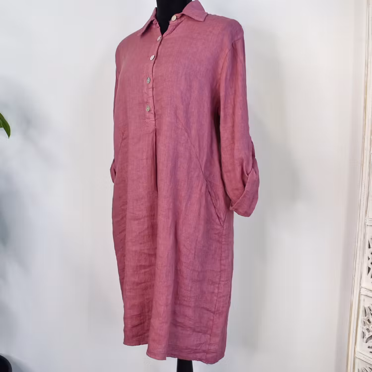 Kort skjortklänning i linne FUSCHIA