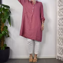 Kort skjortklänning i linne FUSCHIA