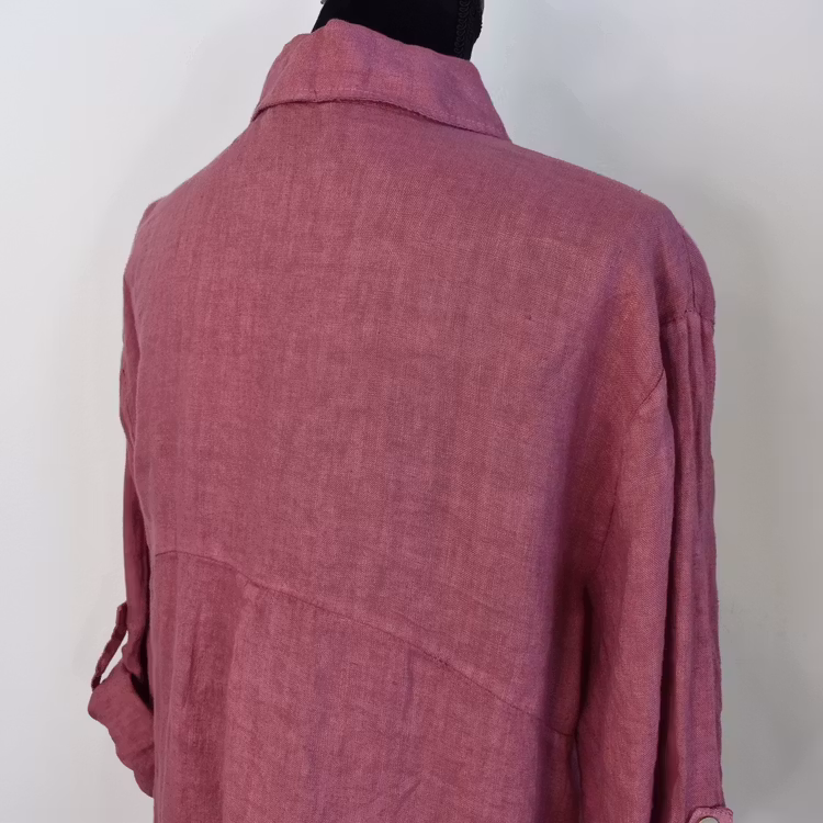 Kort skjortklänning i linne FUSCHIA