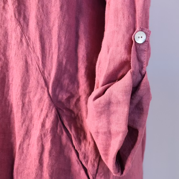 Kort skjortklänning i linne FUSCHIA