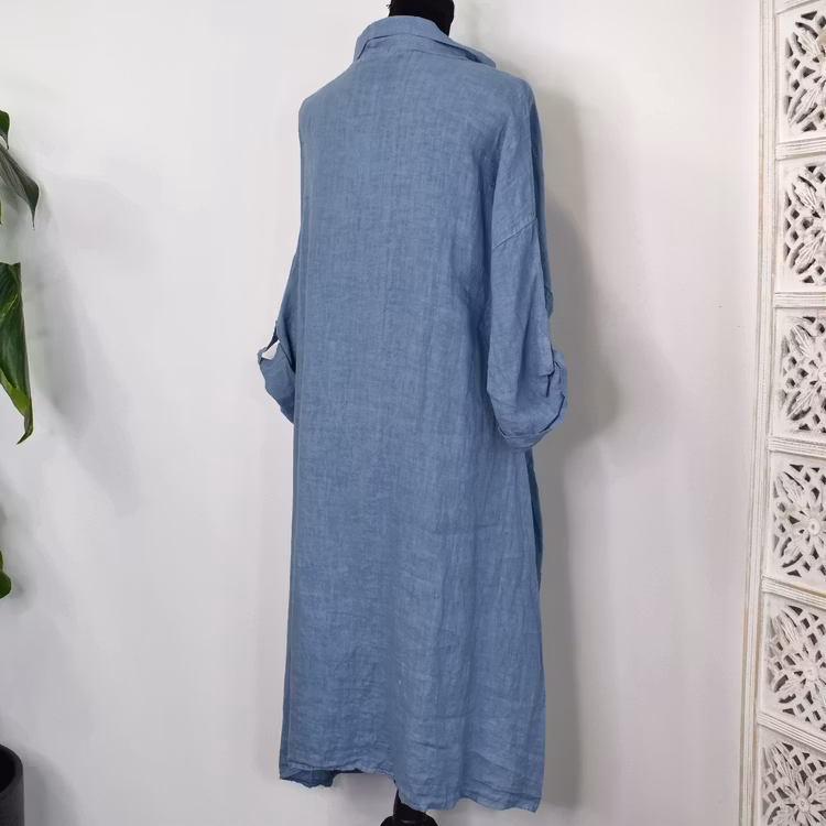 Linneklänning med fickor JEANSBLÅ