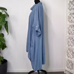Linneklänning med fickor JEANSBLÅ