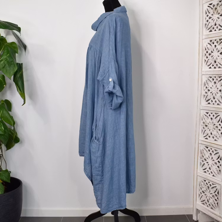 Linneklänning med fickor JEANSBLÅ
