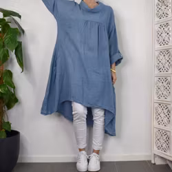 Linneklänning med fickor JEANSBLÅ