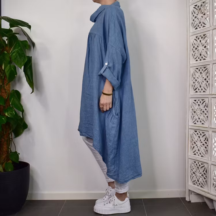 Linneklänning med fickor JEANSBLÅ