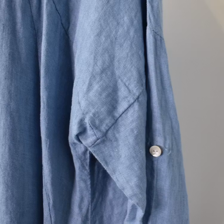 Linneklänning med fickor JEANSBLÅ