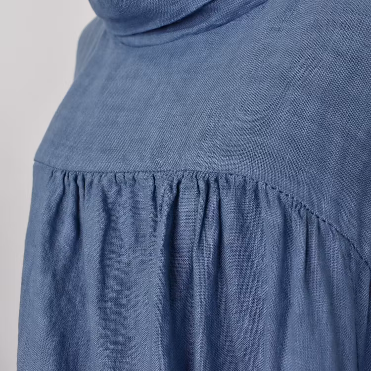 Linneklänning med fickor JEANSBLÅ