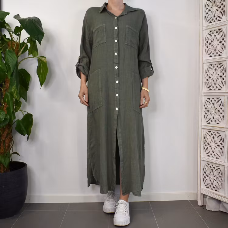 Lång skjortklänning med fickor KAKI