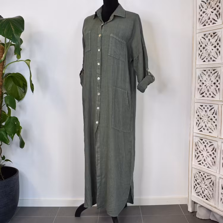 Lång skjortklänning med fickor KAKI
