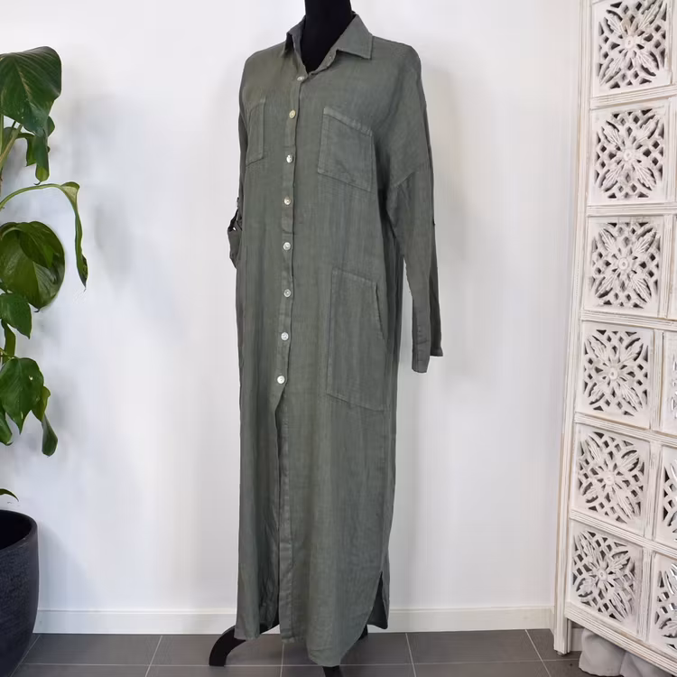 Lång skjortklänning med fickor KAKI
