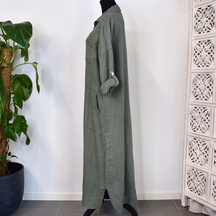 Lång skjortklänning med fickor KAKI