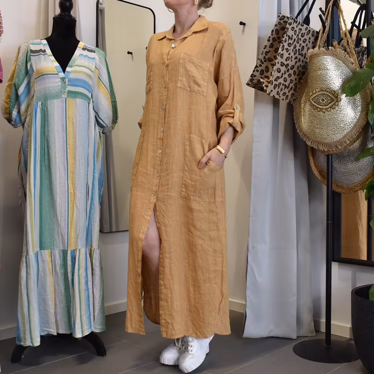 Lång skjortklänning med fickor LJUS CAMEL