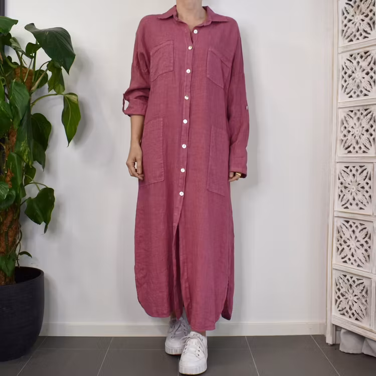Lång skjortklänning med fickor FUSCHIA