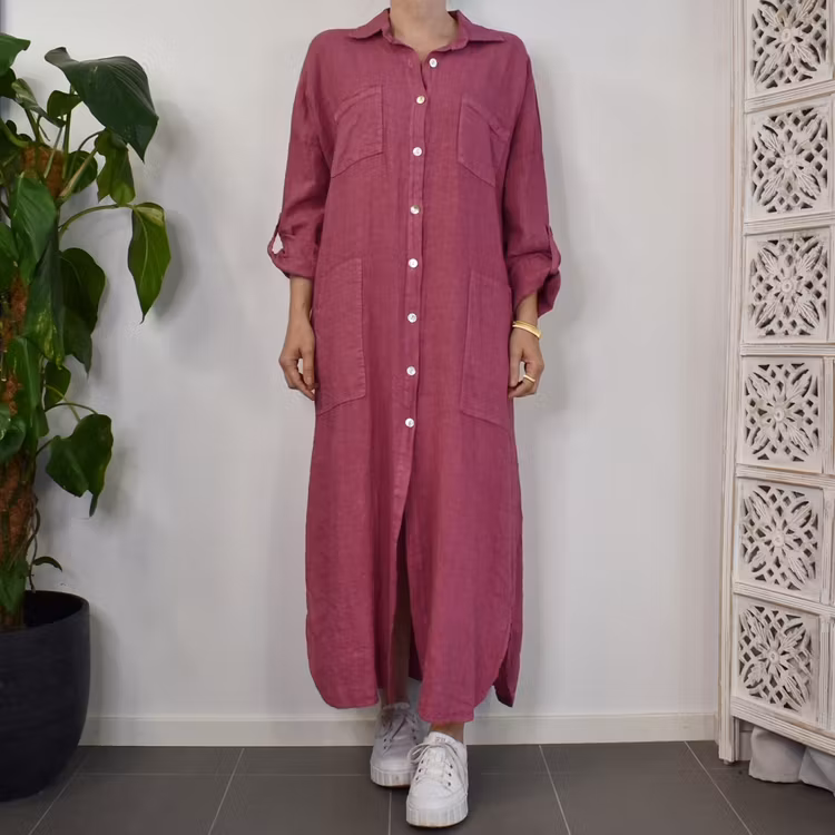 Lång skjortklänning med fickor FUSCHIA