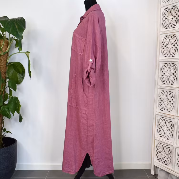 Lång skjortklänning med fickor FUSCHIA