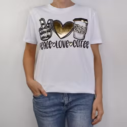 T-shirt Peace, Love & Coffee VIT/GULD