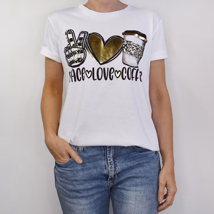 T-shirt Peace, Love & Coffee VIT/GULD