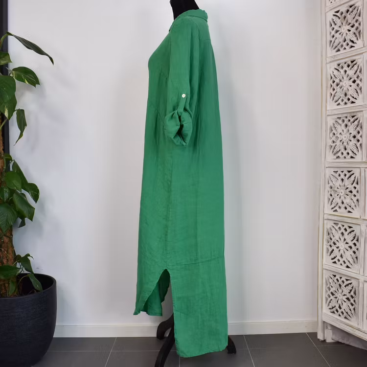Lång skjortklänning i linne GRÖN