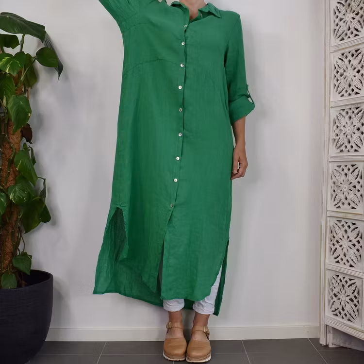 Lång skjortklänning i linne GRÖN