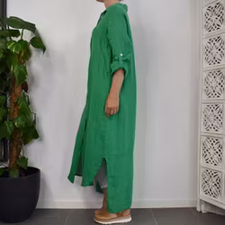 Lång skjortklänning i linne GRÖN